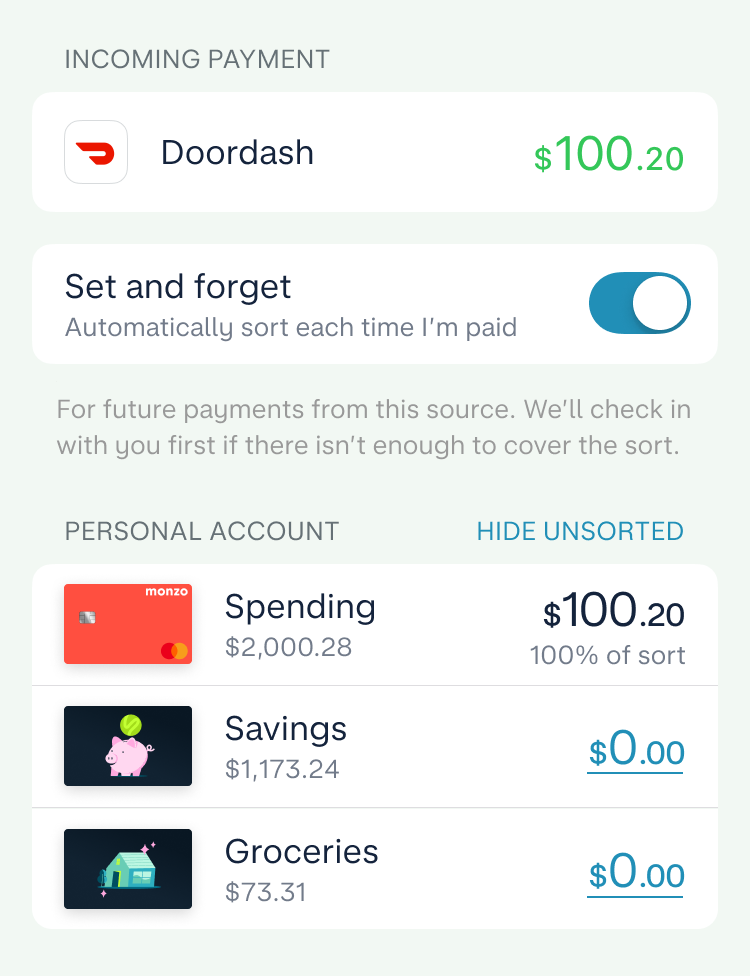 A Monzo app screen for US Salary Sorter showing an incoming payment from Doordash for $100.20. Underneath is a toggle button to Set and forget used to enable automatically sorting future payments from this income source. At the bottom is a breakdown of the sort into a personal account, with $100.20 of the income currently going into the main Monzo account balance, and zero dollar amounts for the two Pots labeled Savings and Groceries.