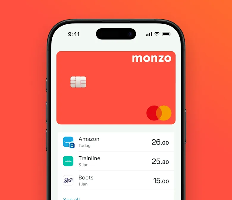 an image of a Monzo card on a customer's home screen with recent payments.