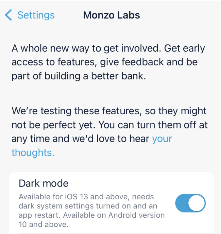 A screenshot of the Monzo app showing the toggle to see Dark Mode within Monzo Labs. 