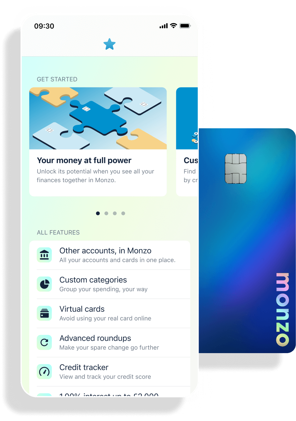 Monzo plus features screen next to a blue gradient Monzo plus card.