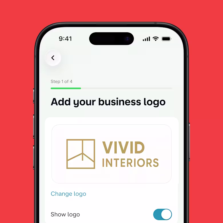 An app screenshot showing how customers can add their logo to personalise invoices