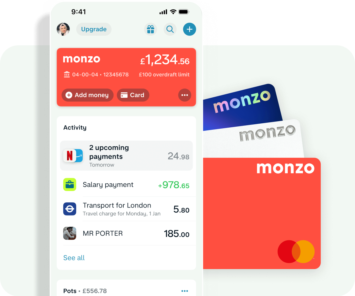 Overview screen of a Monzo user, showing a current balance of £1,234.56. Next to the screen is a hot coral Monzo card, a silver Monzo premium card, and a blue Monzo plus card.