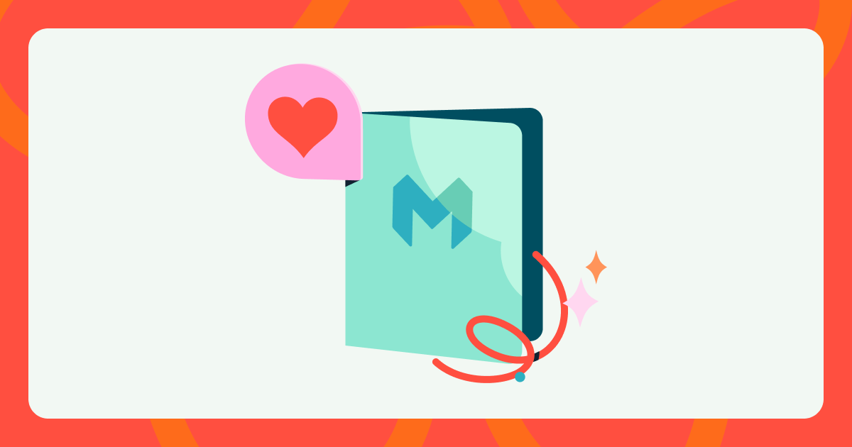 Illustration of a greeting card with a Monzo logo on it, with a speech bubble with a heart coming out of it. 