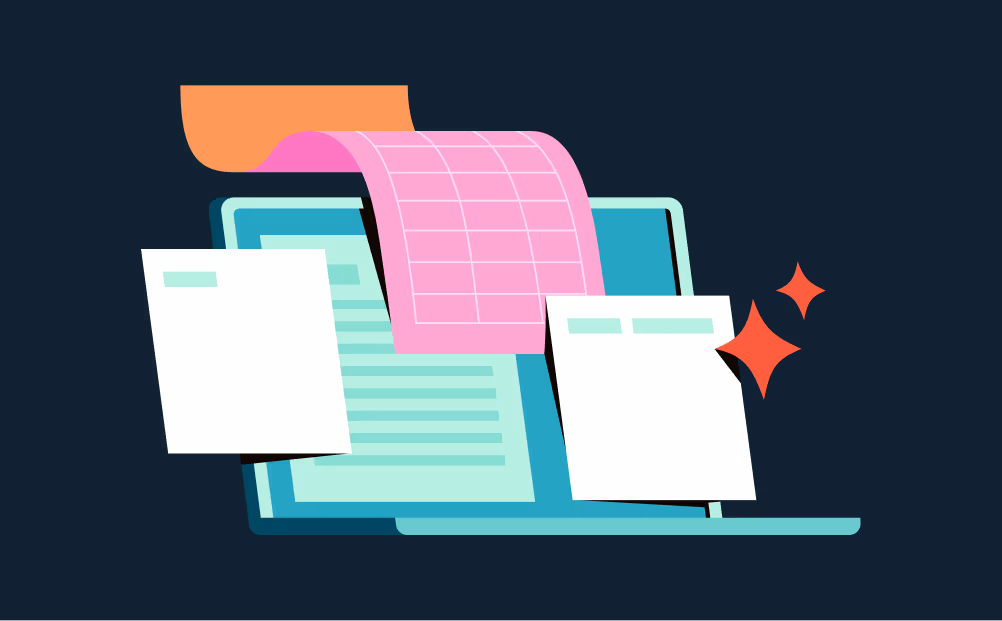An illustration of a laptop and some receipts