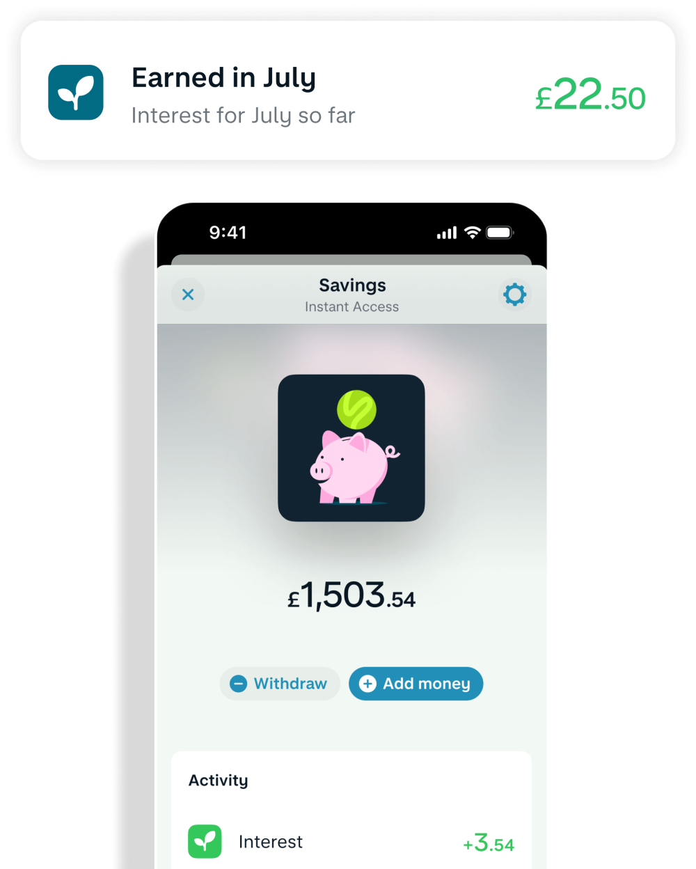 Interest notification showing £22.50 interest earned in July. Below this is a Monzo instant access savings pot with the balance of £1,503.54.