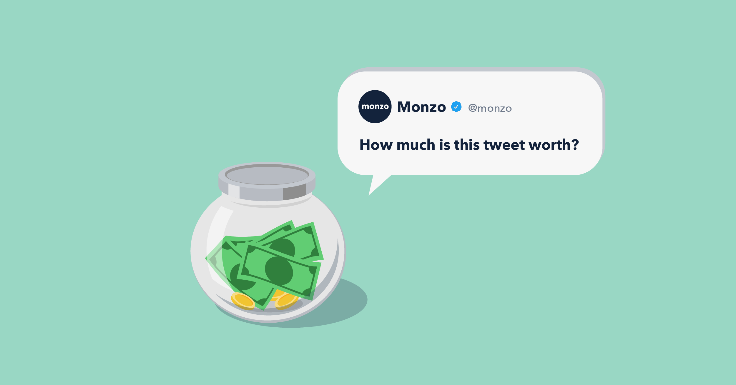 A pot of money with a speech bubble of a tweet asking "How much is this tweet worth?"