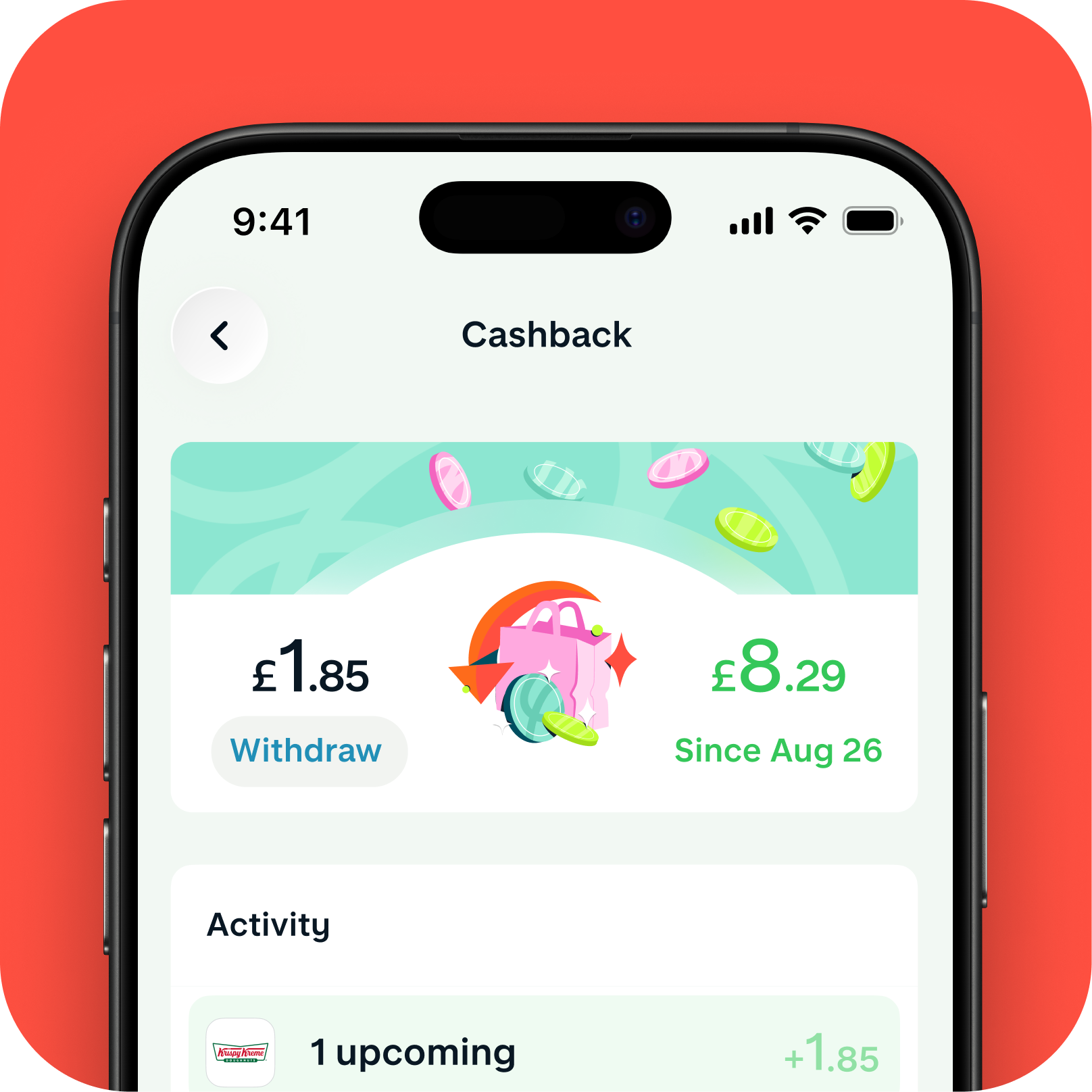 Image of Monzo's cashback offer in the app. It shows £8.29 earned in cashback. 