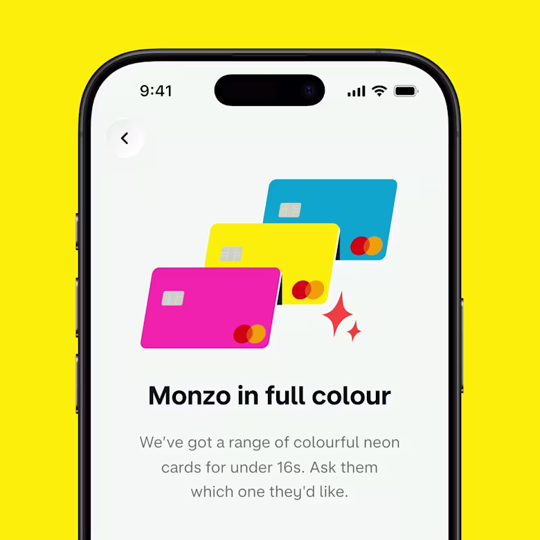 A smartphone showing three colourful Monzo card options for Under 16s accounts.