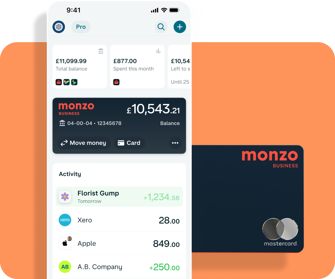 A device with Monzo open, showing the business banking summary screen, with a bank card to the side