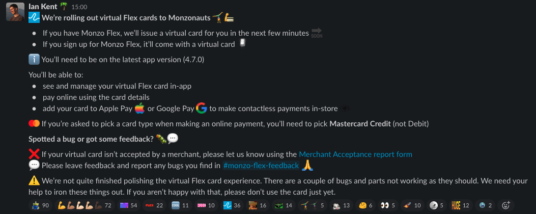 A screenshot of a Slack message inviting Monzo staff to take part in testing Monzo Flex before it was released to all customers.