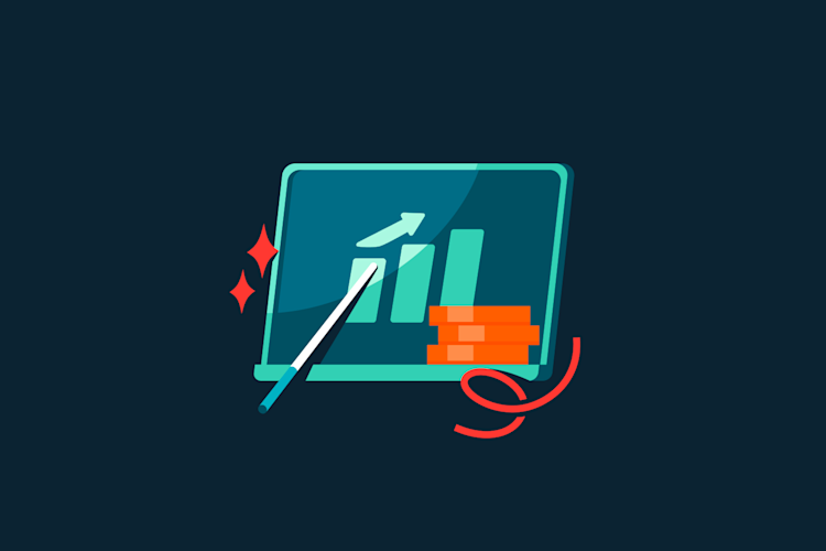 A stylized tablet screen displays a green bar graph with an upward arrow and a stack of orange coins, with a wand pointing at it.