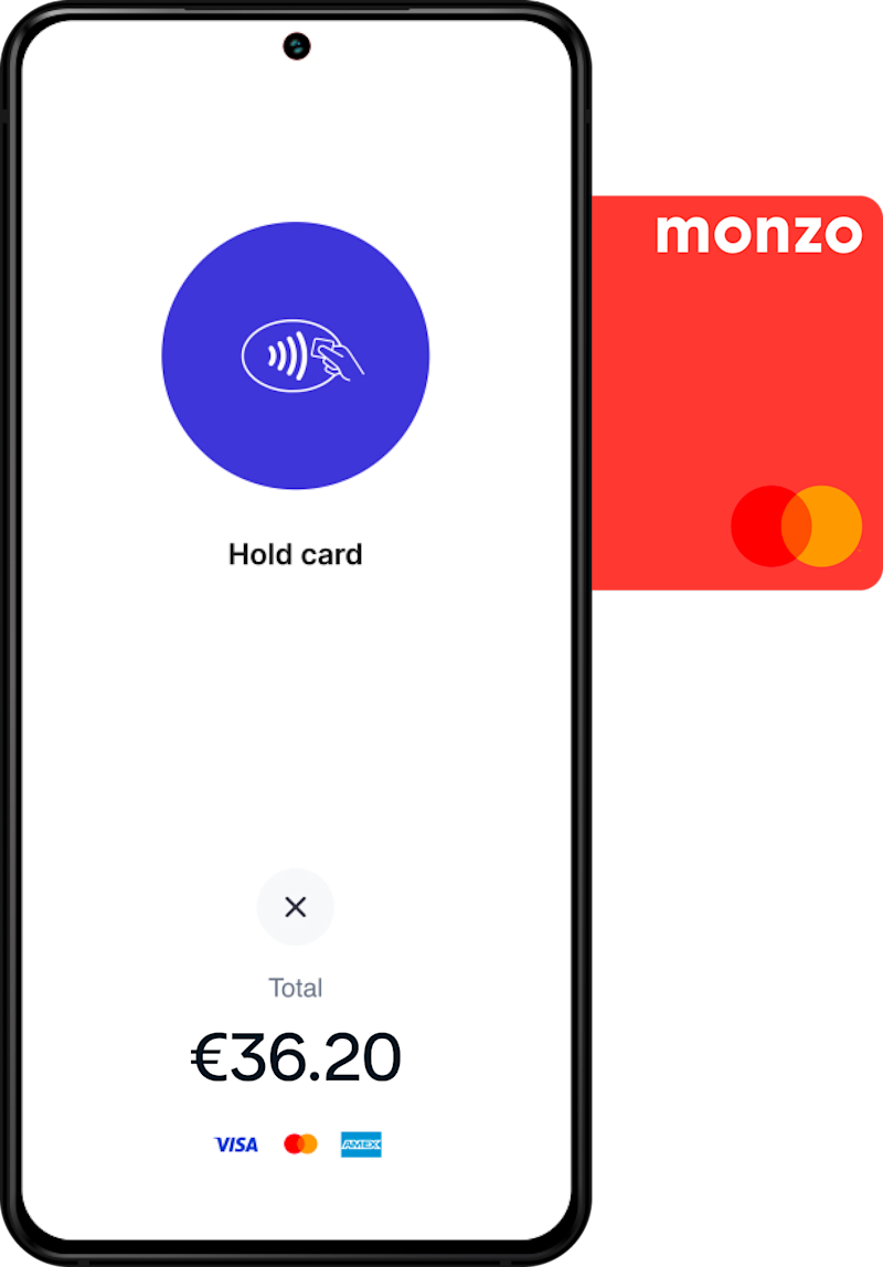 Smartphone showing a ‘Hold card’ contactless payment prompt with a €36.20 total, alongside a red Monzo bank card.