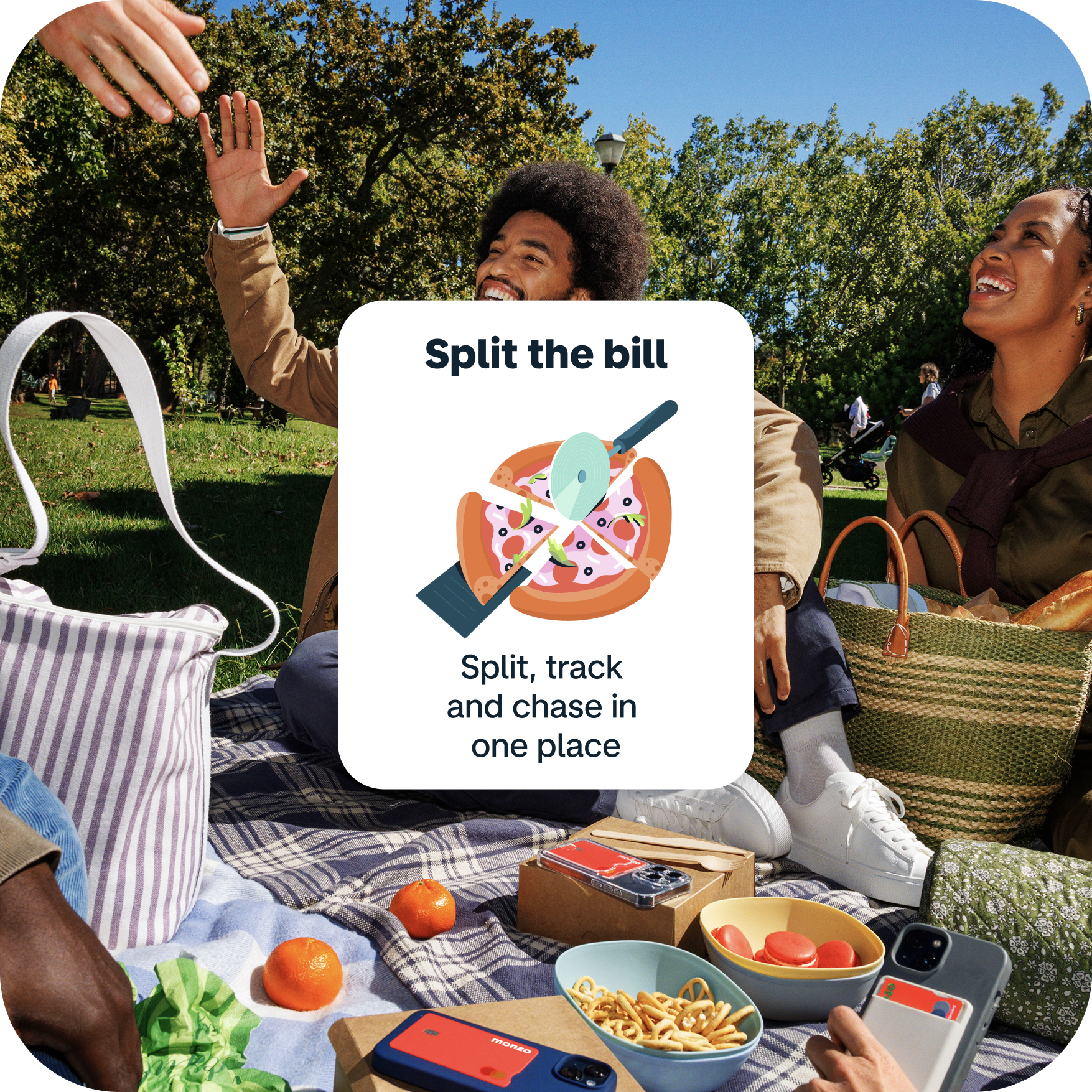 Photo of a group of friends splitting food at a picnic in the sun. Monzo Split the Bill app UI is over the top of the photo.