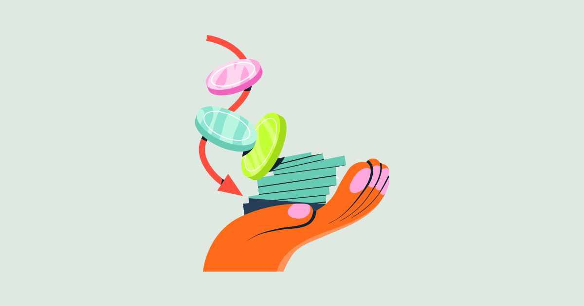 A colourful cartoon image of an orange hand held out, receiving green notes and colourful coins in pink, blue and green. There's an orange arrow that runs into the hand from the coins to indicate it's being received to it. 