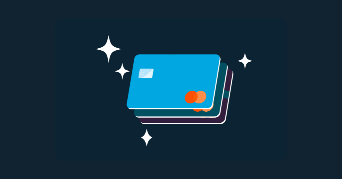 Three credit cards stacked onto each other, slightly offset up and to the left, surrounded by four googie stars