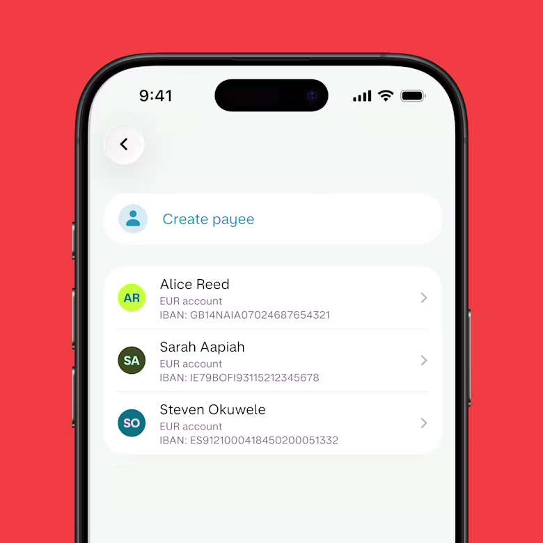 An app screenshot showing how to select the recipient of an international transfer