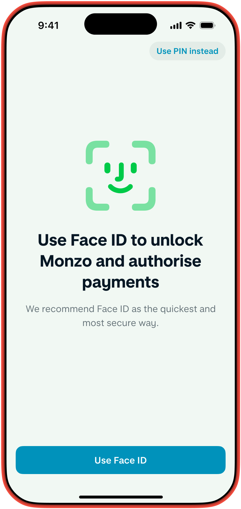 A smartphone displays the Monzo app's biometric facial recognition setup screen, with a green facial recognition icon and text prompting the user to enable it.