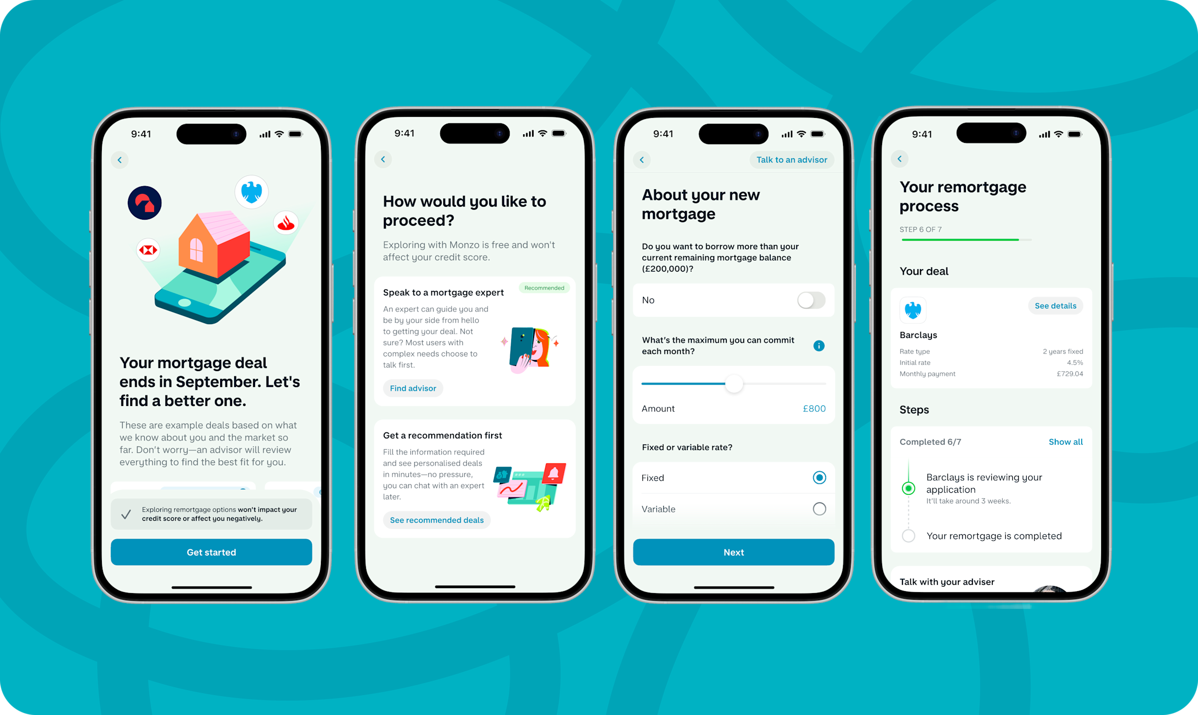 A sequence of four mobile UI screens from the Monzo app showing a conceptual, end-to-end in-app remortgaging journey against a teal background. The first screen notifies the user that their current deal is ending; the second offers choices to speak to an expert or see recommended deals; the third allows customization of mortgage preferences like monthly budget and fixed or variable rates; the fourth shows a progress tracker indicating that Barclays is reviewing their application.