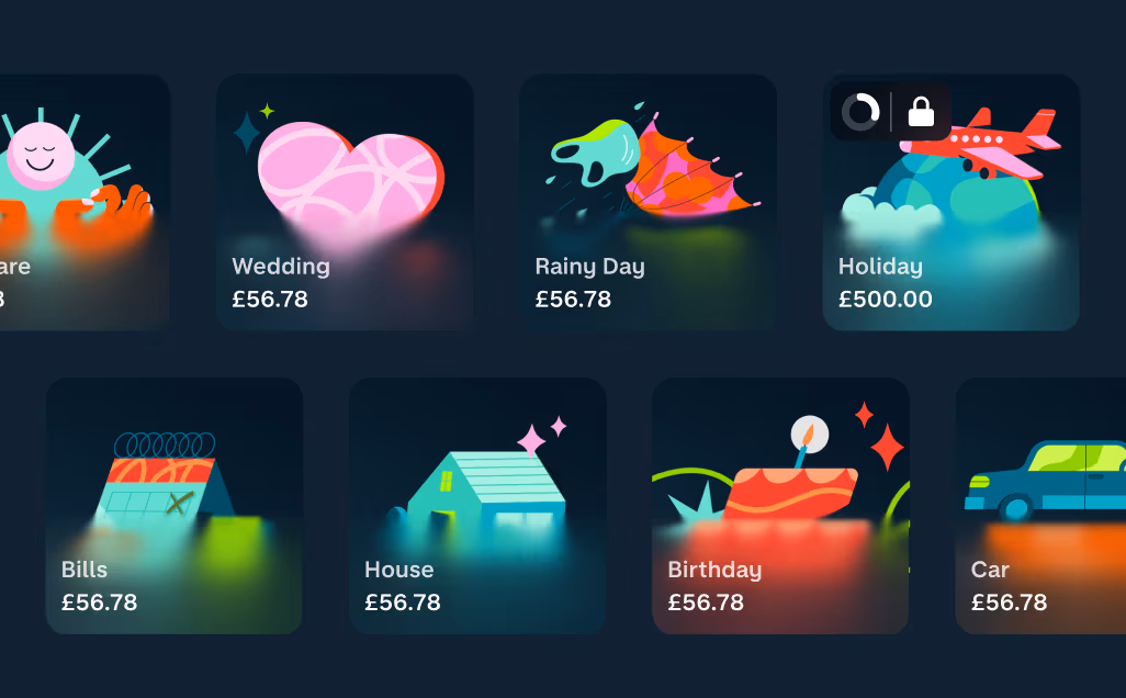 A preview of eight Monzo Pots in two rows on a dark background. Each card has a colourful icon, label, and amount in British pounds. Visible categories: Wedding (£1,200) with a pink heart; Rainy Day (£156.78) with a red umbrella; Holiday (£500) with a location pin; Bills (£266.78) with a calendar showing 6; House (£2,600) with a light blue house; Birthday (£81.20) with cherries on a cake; Car (partially visible, £56.7).