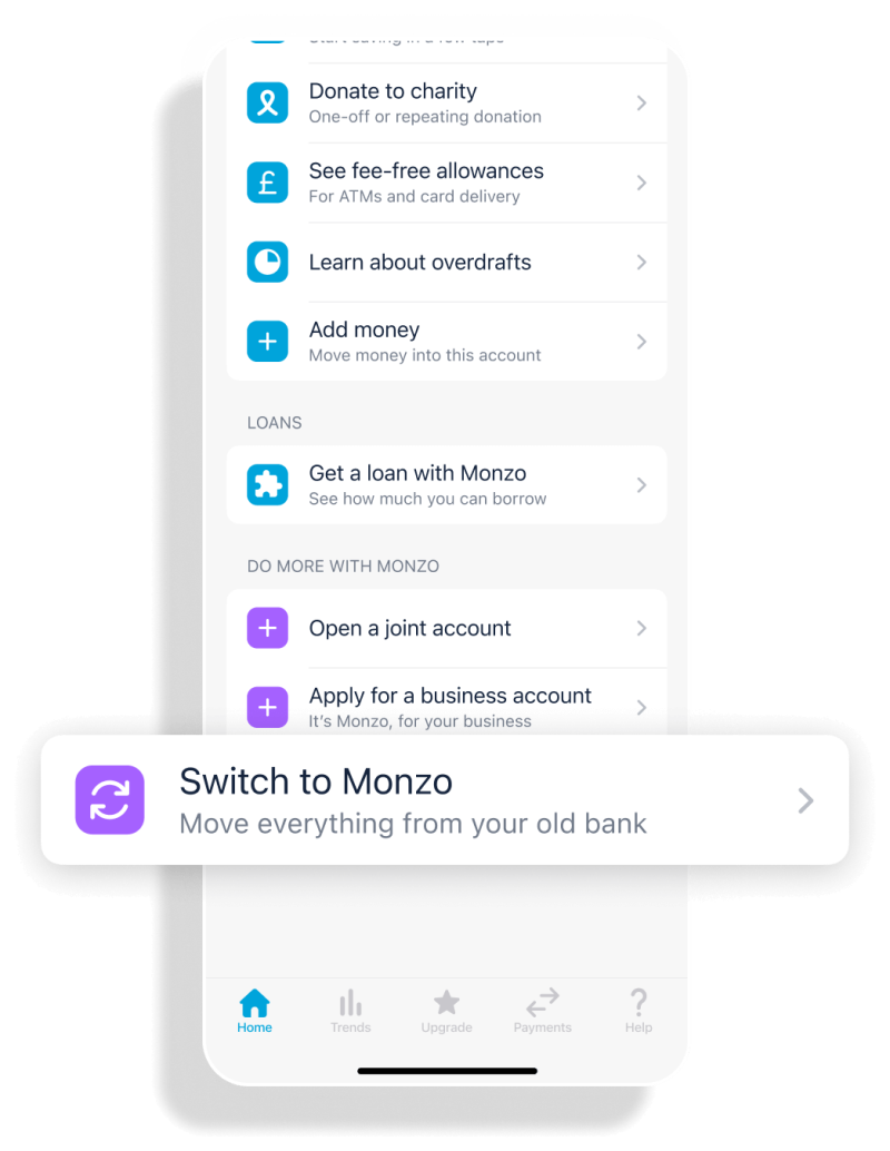 A screen showing various features within the Monzo app, highliting the option to switch to Monzo.