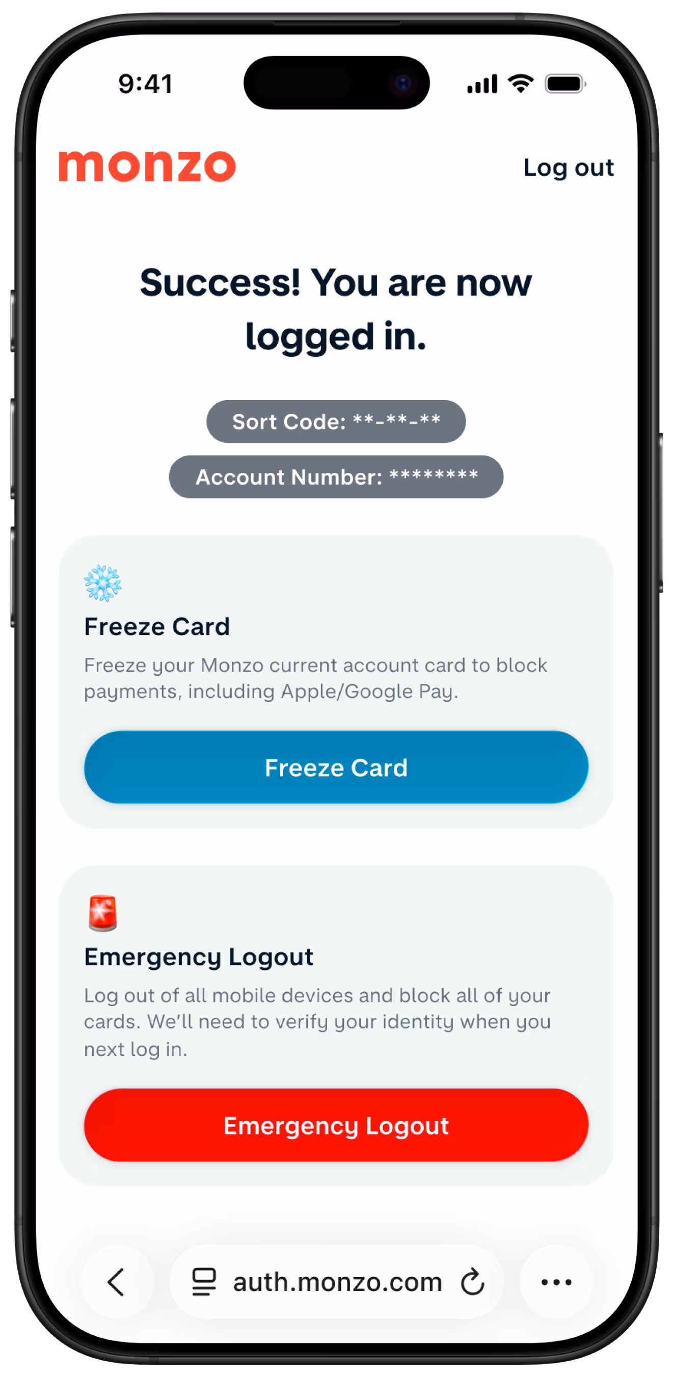 iPhone screen showing options to "Freeze Card" or perform an "Emergency Logout" from a web browser.