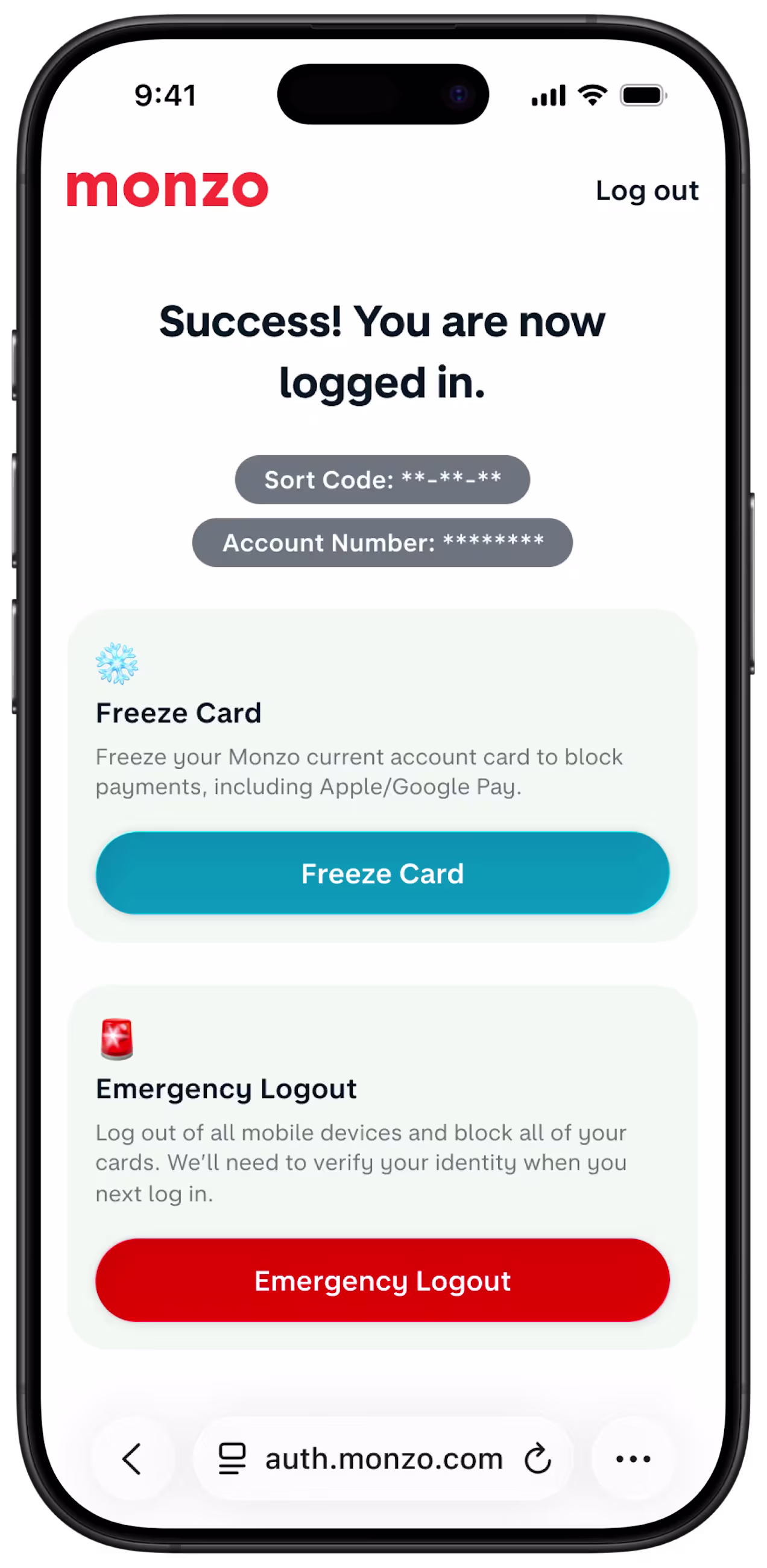 iPhone screen showing options to "Freeze Card" or perform an "Emergency Logout" from a web browser.