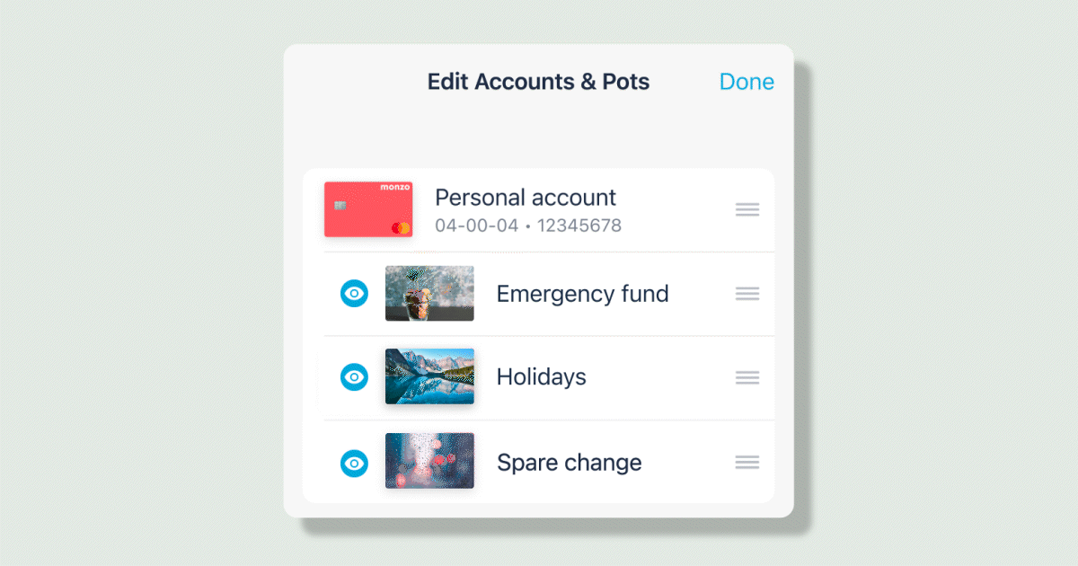 List of three Pots for emergency fund, holidays and spare change – tapping on the 'eye' icon to hide the Spare Change one 