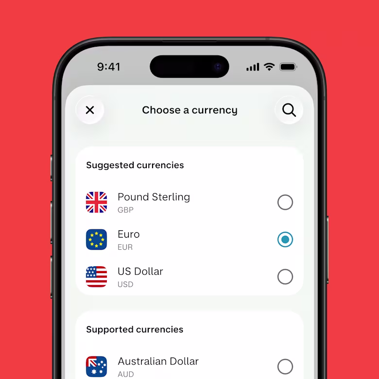 An app screenshot showing how a customer can select which currency they want to send money in