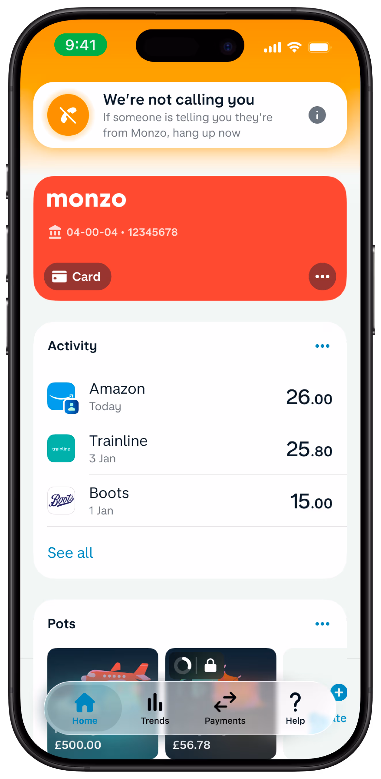 A smartphone displays the Monzo app's home screen, showing a hot coral card, recent transactions, and a "We're not calling you" security warning.