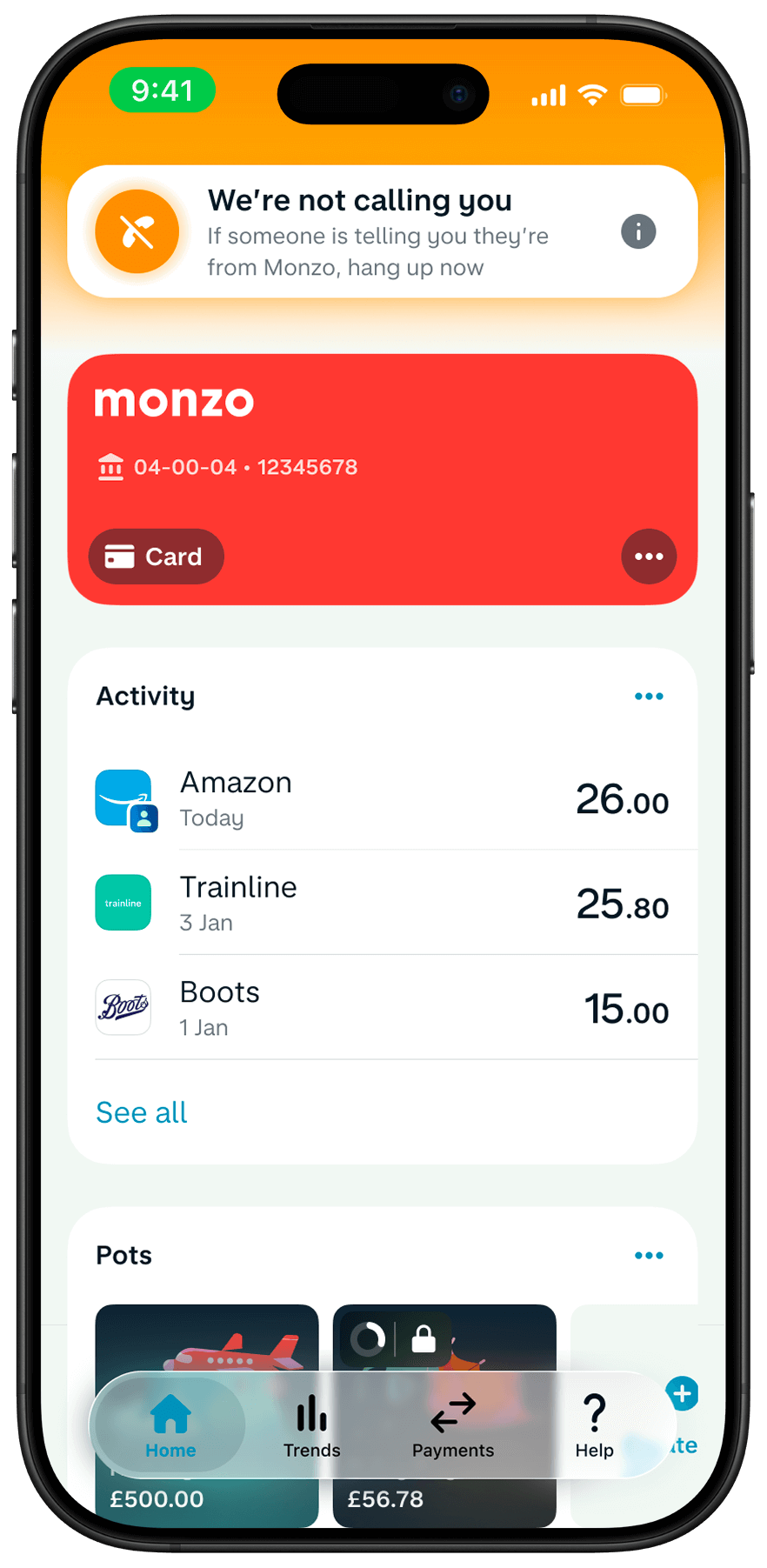 Monzo app showing "We are not calling you" security warning