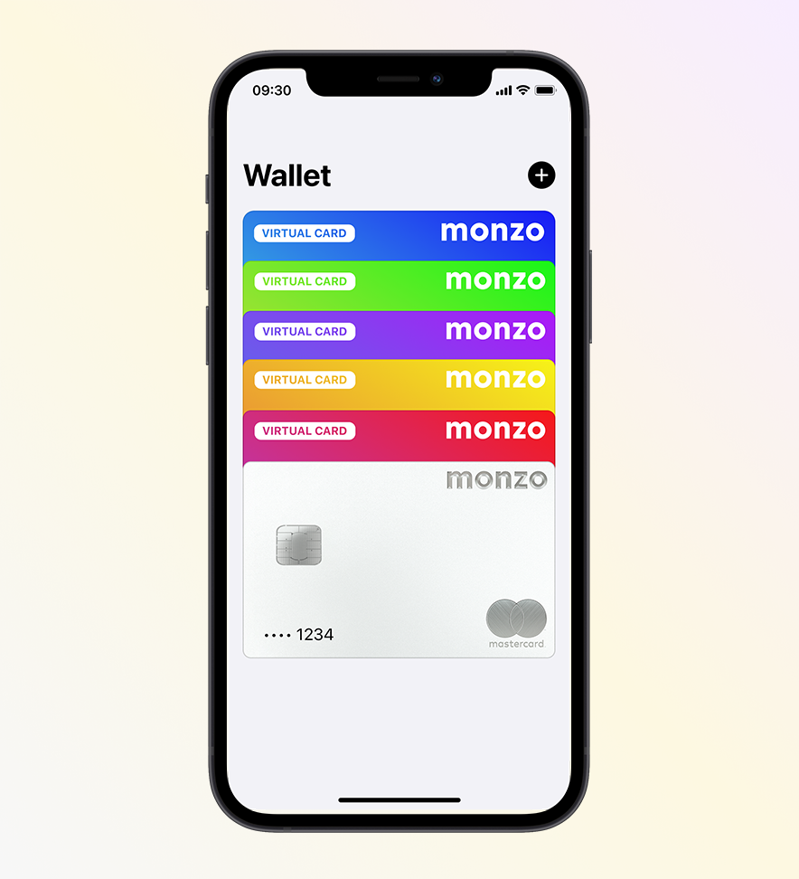 An iPhone showing lots 6 different Monzo cards in different colours