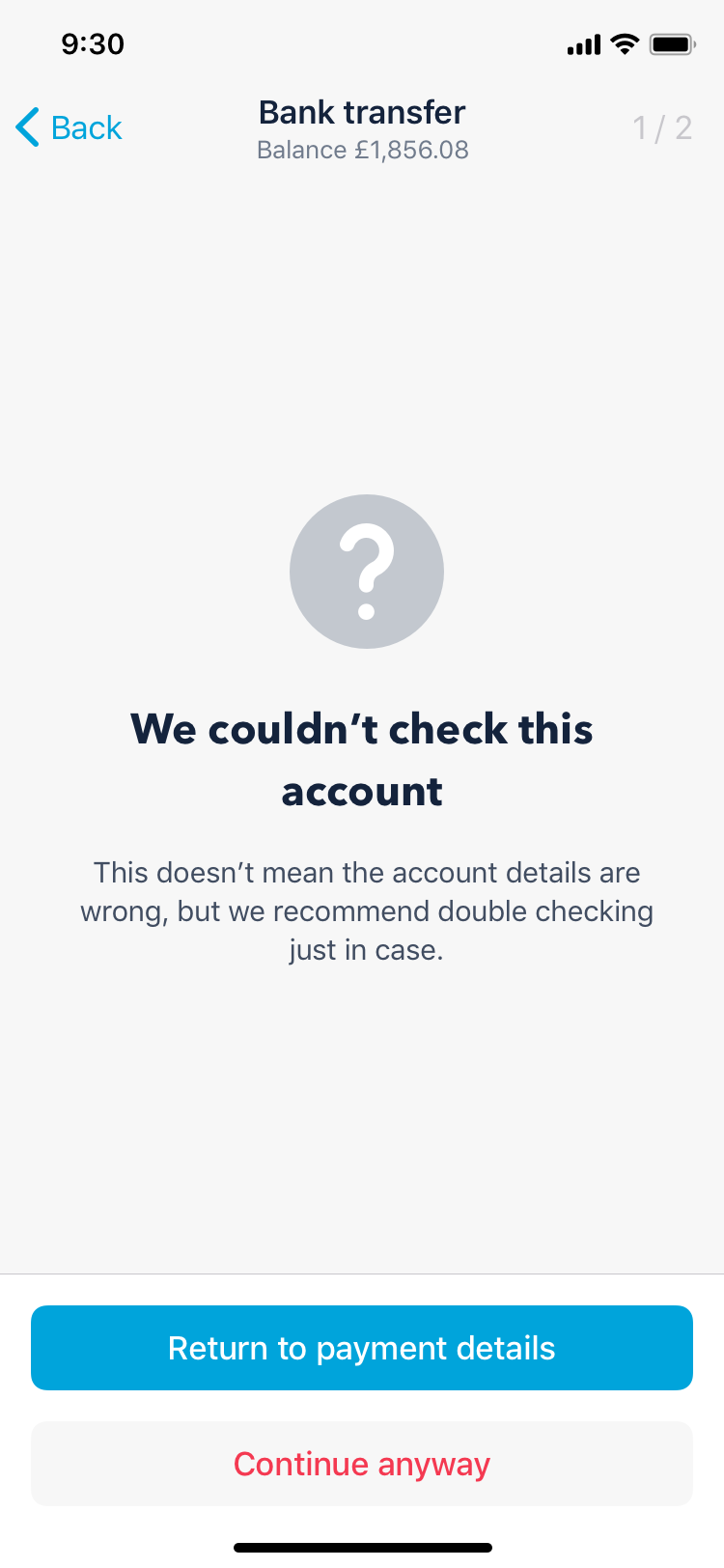 Phone screen showing the text "We couldn't check this account"