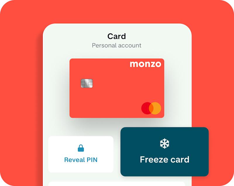 Monzo UI; showcasing the big navy "freeze card" button in the app.