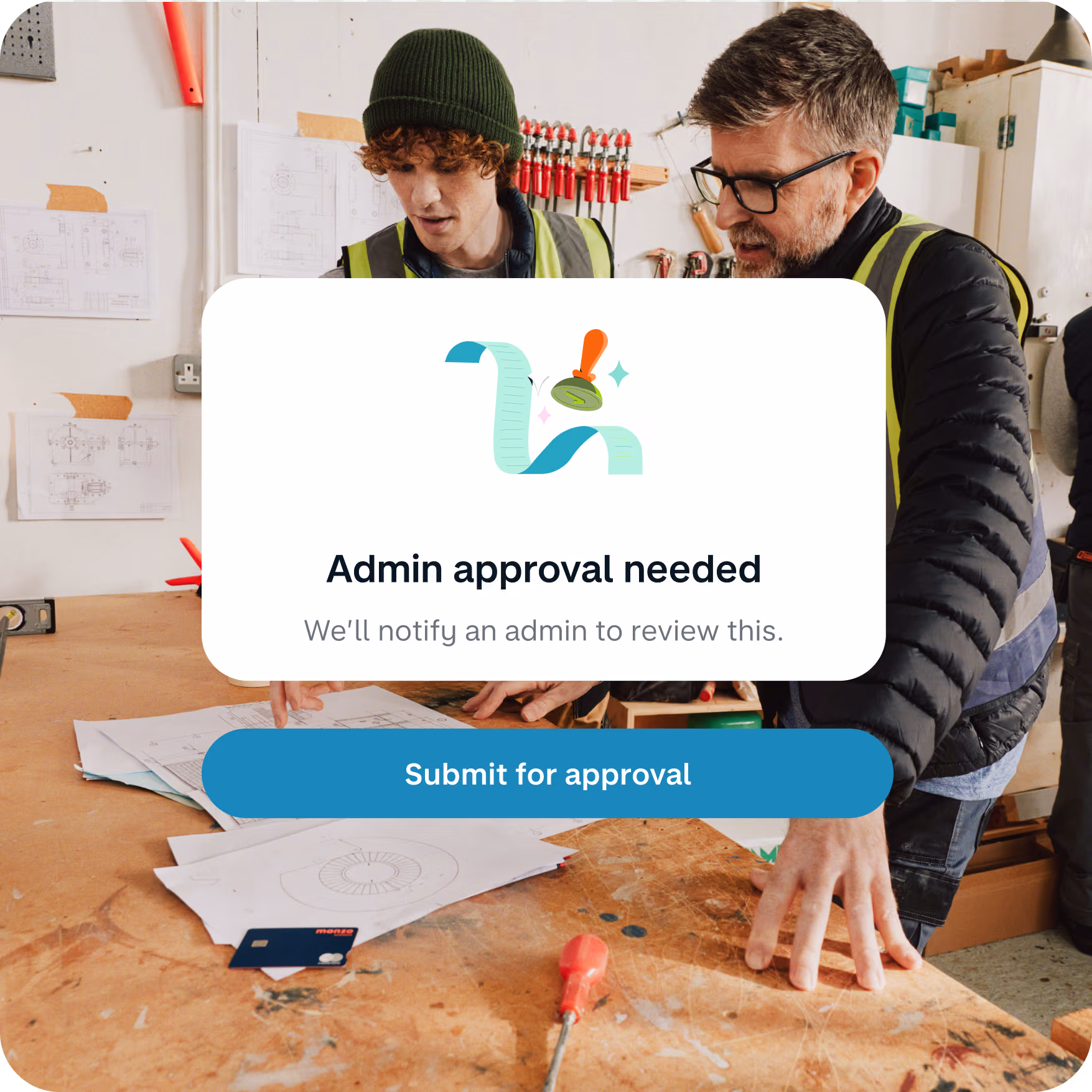 An app screenshot showing admin approval being needed for a transaction 