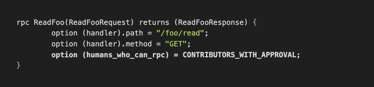 A code snippet showing a sample RPC with an additional option to configure the permissions at the same time.