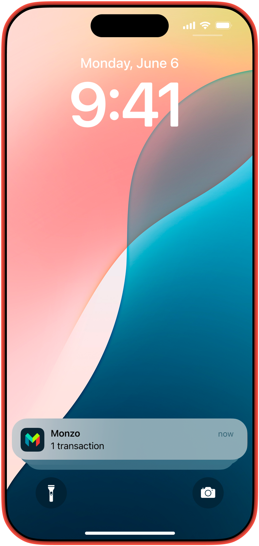 A smartphone with a hot coral frame displays a lock screen with a gradient wallpaper, showing the time 9:41 and a Monzo notification.