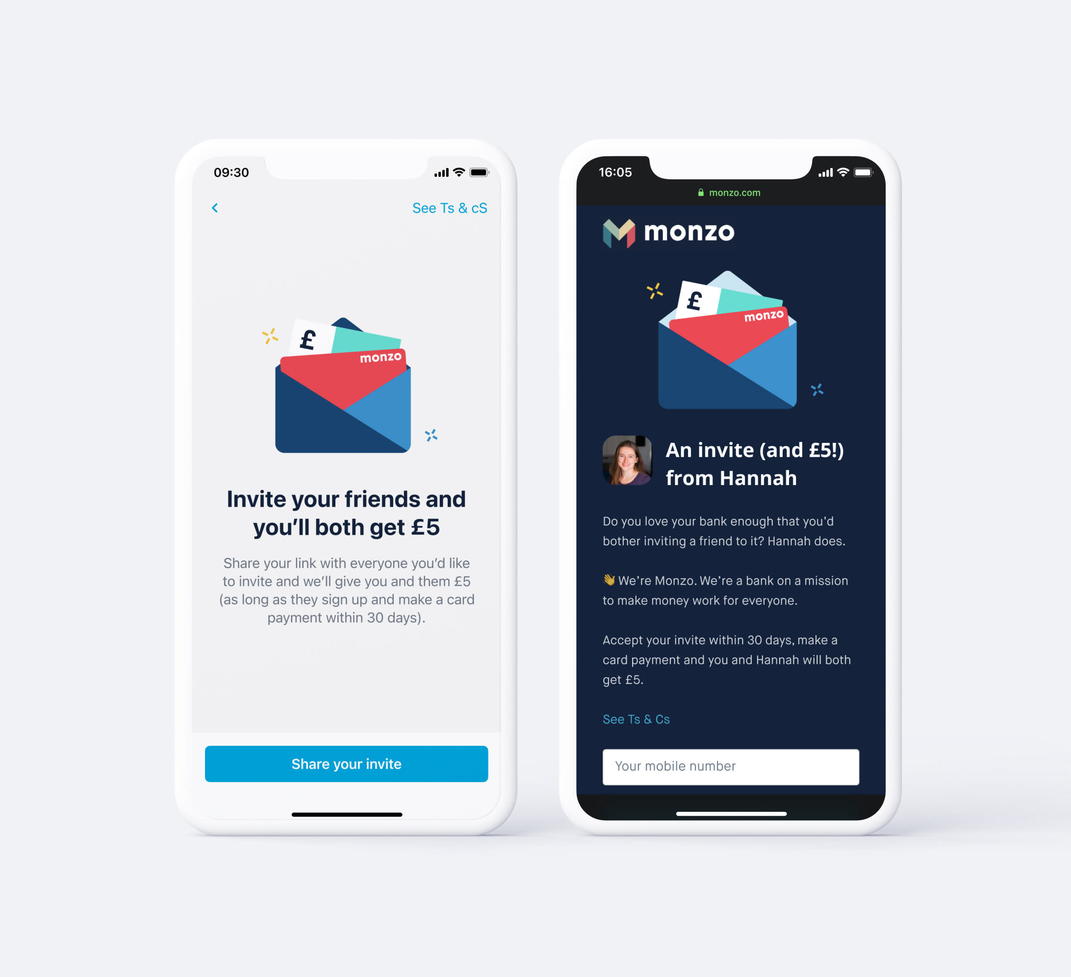 Two phones showing some screens in the Monzo app of the newly redesigned referral flow