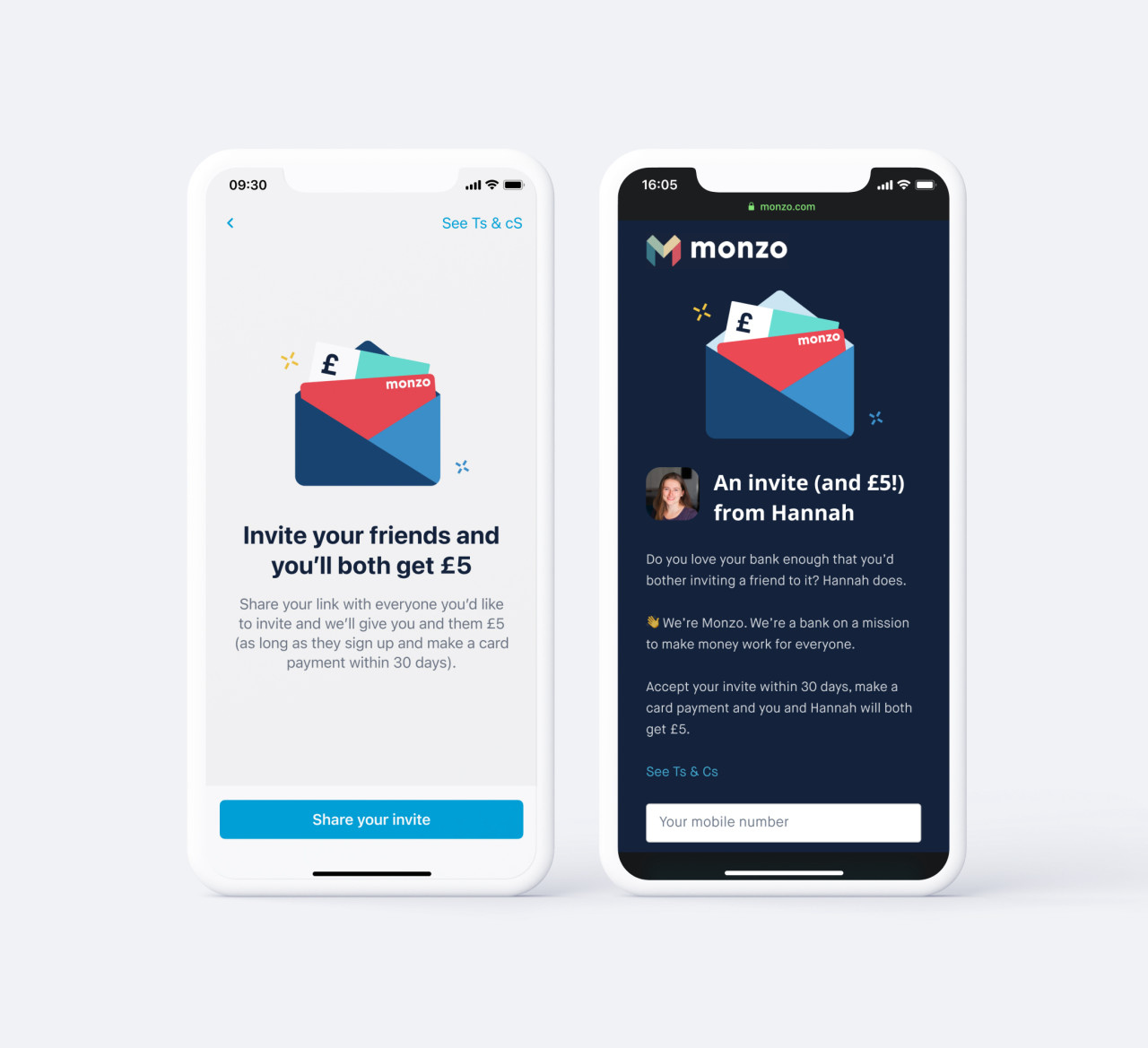Two phones showing some screens in the Monzo app of the newly redesigned referral flow