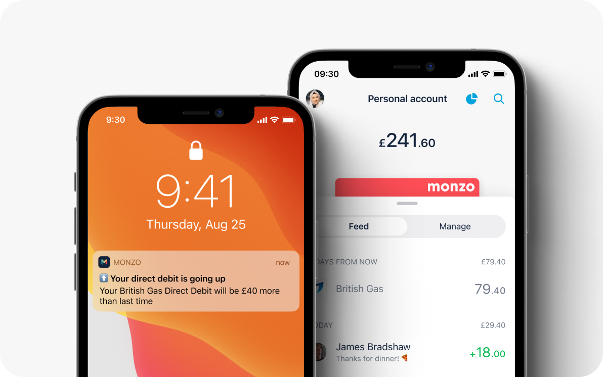 Examples of paying for a British Gas direct debit in Monzo, and a notification saying that "your direct debit is going up"