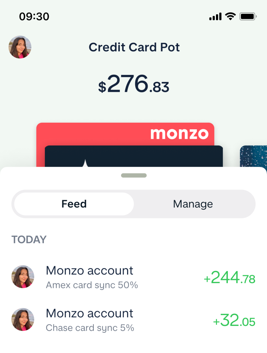 App screen shows transaction feed of a Credit Card Pot with two deposit transactions from the user's Monzo account as calculated from the credit card syncs for 50% and 5% of the credit card balances, respectively
