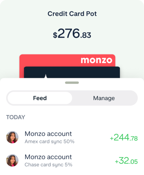 App screen shows transaction feed of a Credit Card Pot with two deposit transactions from the user's Monzo account as calculated from the credit card syncs for 50% and 5% of the credit card balances, respectively