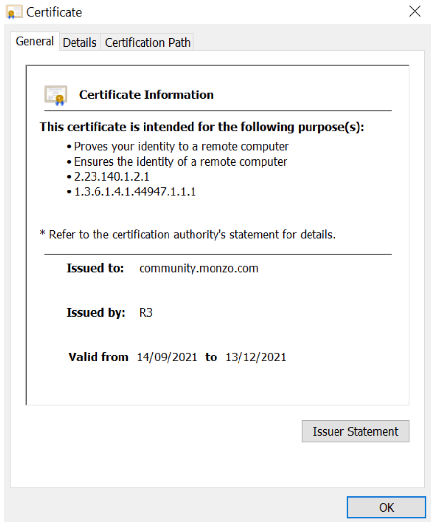 A Digital Certificate issued by LetsEncrypt R3 (a Certificate Authority) to community.monzo.com