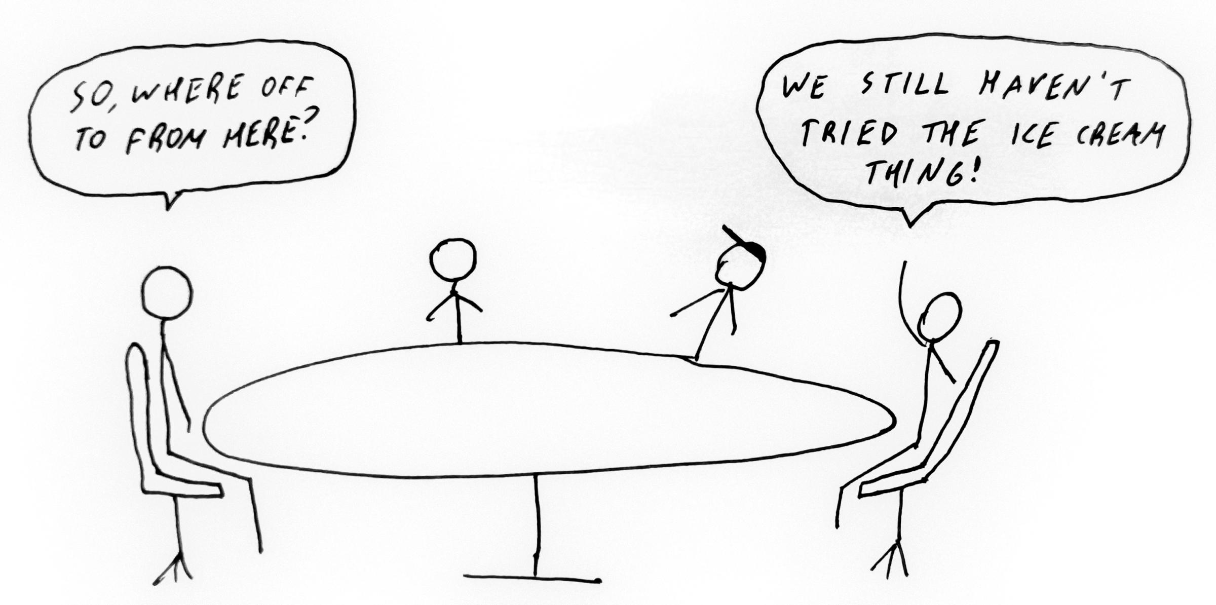 4 people talking around a table: "So, where off to from here?" Someone else, with a hand raised: "We still haven't tried the ice cream thing!”