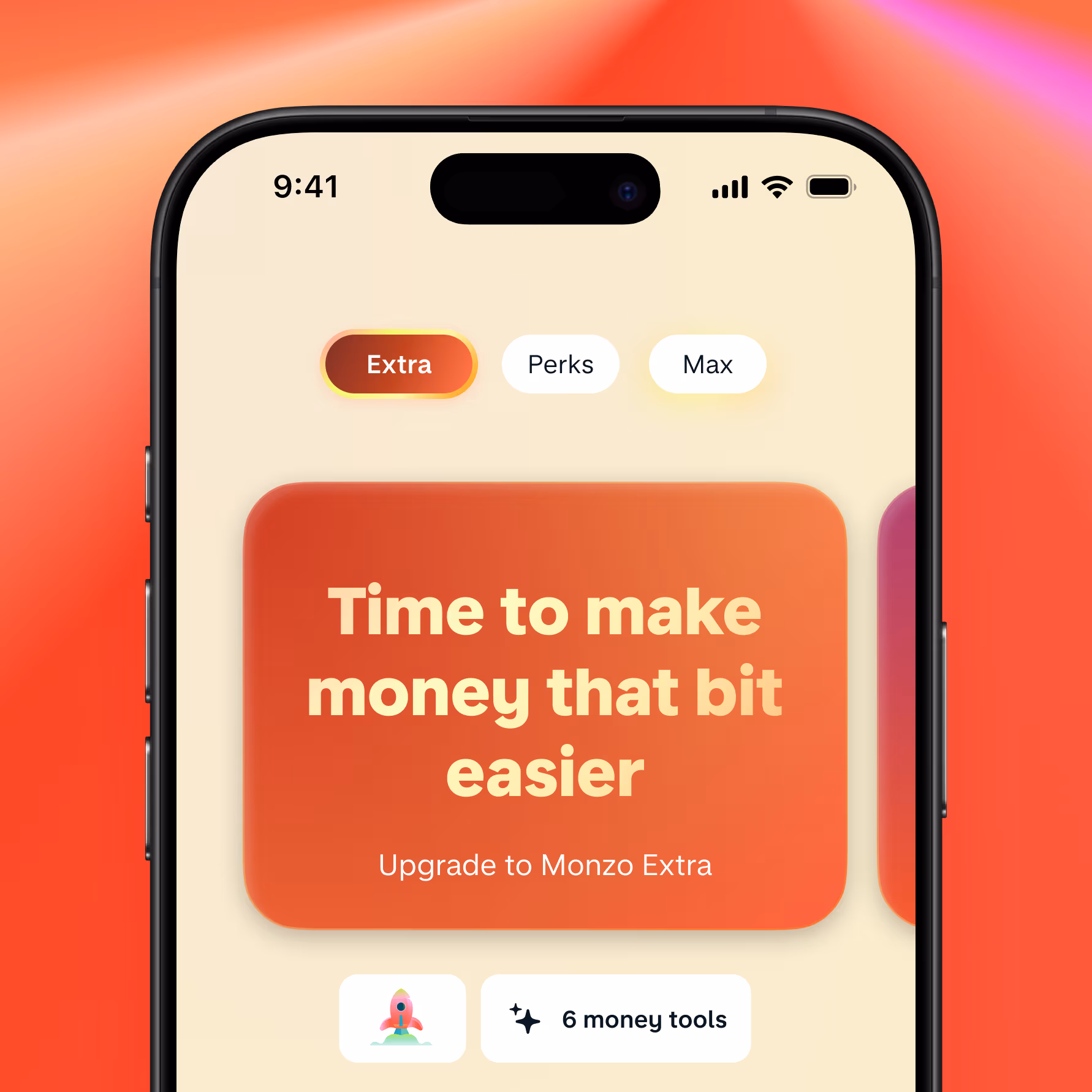 A smartphone shows a screen from the Monzo app. On the screen is a preview of the Extra plan with the title "Time to make money that bit easier"