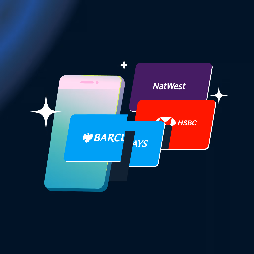 A smartphone screen shows a screen from the Monzo app with an illustration of NatWest, HSBC, and Barclays bank cards surrounding a device, accented by sparkle effects. The screen displays the headline "Get the full picture of your money".