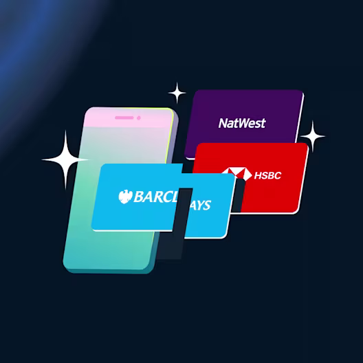 A smartphone screen shows a screen from the Monzo app with an illustration of NatWest, HSBC, and Barclays bank cards surrounding a device, accented by sparkle effects. The screen displays the headline "Get the full picture of your money".