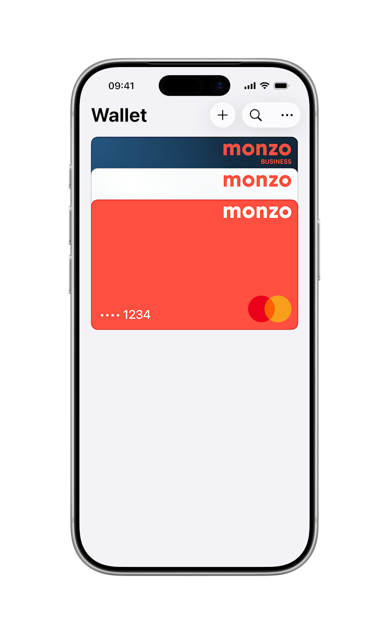 Contactless screen showing a hot coral Monzo card, white joint account Monzo, and putple Monzo virtual card.