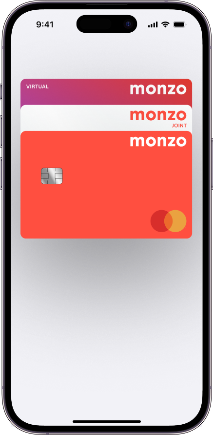 Contactless screen showing a hot coral Monzo card, white joint account Monzo, and putple Monzo virtual card.