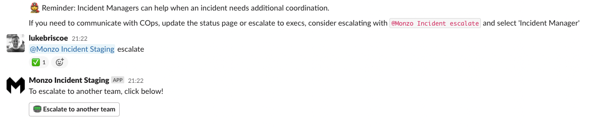 A screenshot of the author of this blog post escalating to an Incident Manager using our incident tooling in Slack