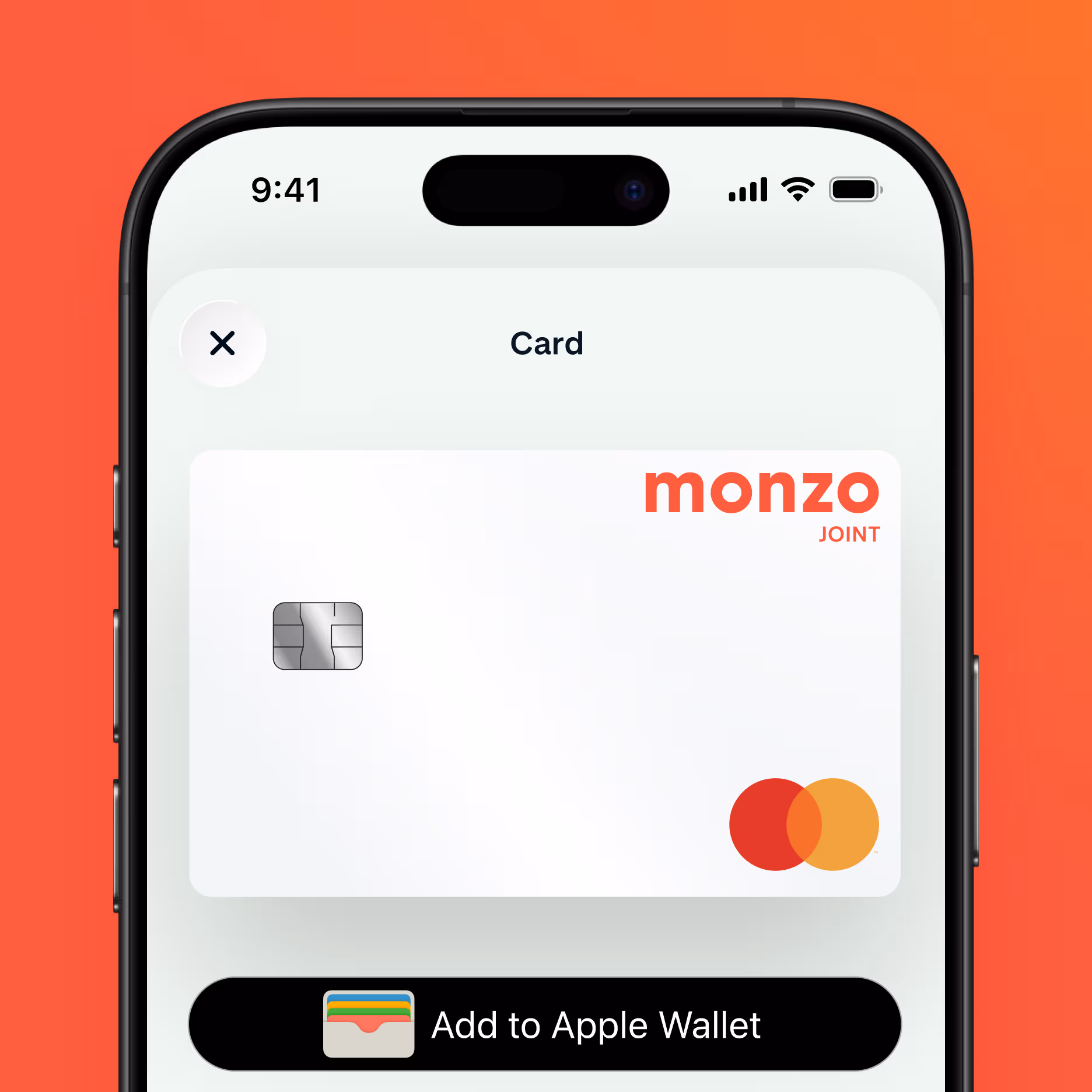 A smartphone showing a Monzo Joint Account card and an "Add to Apple Wallet" button.